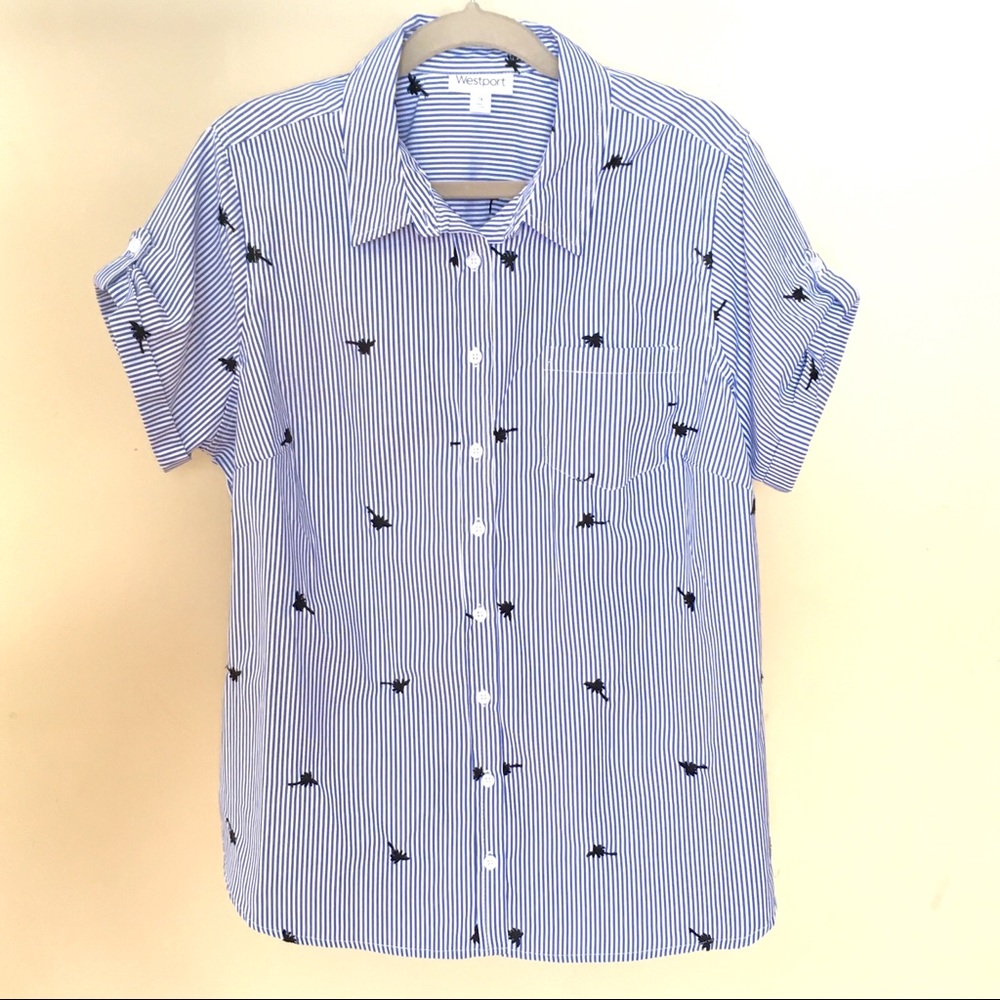 Westport embroidered button down striped shirt.